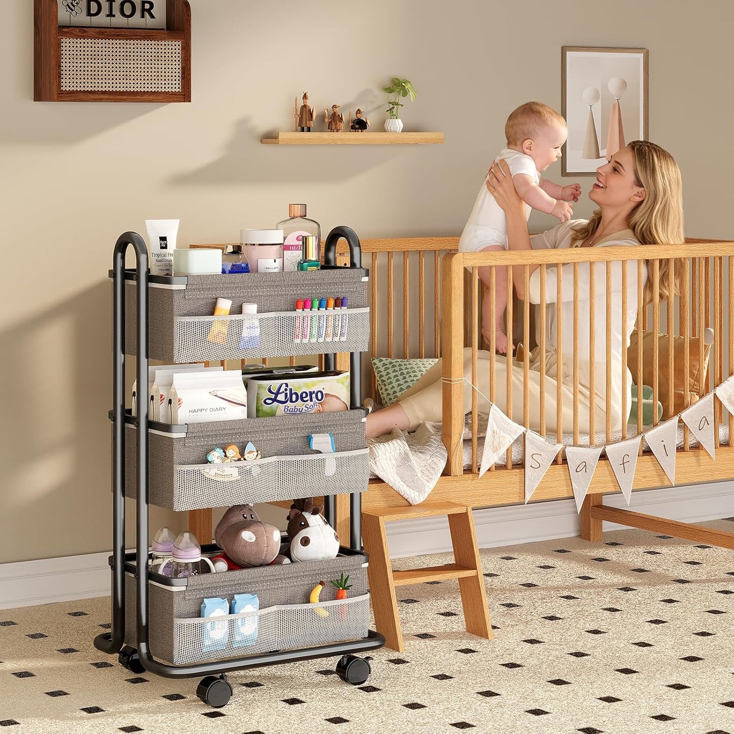 3-Tier Baby Diaper Caddy Organizer Cart, Mobile Nursery Storage Carts with Wheels, 3 Dividers & 6 Mesh Pockets Durable Metal Utility Cart for Nursery, Bedroom, Bathroom, Baby Essentials Organization