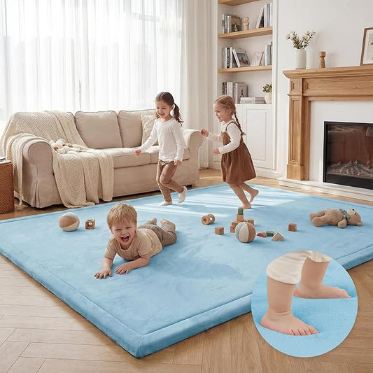 Extra Large 79"x118" Baby Activity Play Mat for Floor, 1.3" Thick Elasti Foam for Tummy Time & Crawling, Non-Slip Nursery Rug for Infants, Toddlers & Kids, Tatami Style Mat for Yoga, Living Room, Classroom & Playroom(Light Blue)