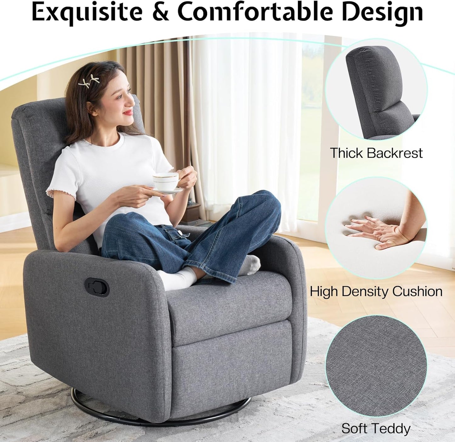 Jocisland Nursery Glider Chairs, Swivel Rocking Chair, Massage Rocker Recliner with High Back for Living Room Bedroom, Comfy Upholstered Modern Nursing Reclining Single Sofa, White Teddy