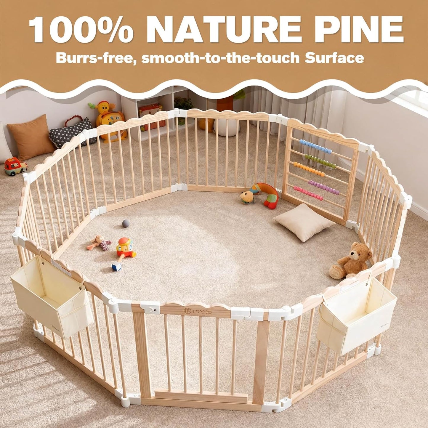 M MEEPO Foldable Baby Playpen, 57 x 57 x 25 in, Adjustable Shape & Size Wooden Baby Playpen with 2-Pack Storage Bags, Nature Pine Wood Play Yard for Infant, Toddler, Safety Lock Door, Build in Toys