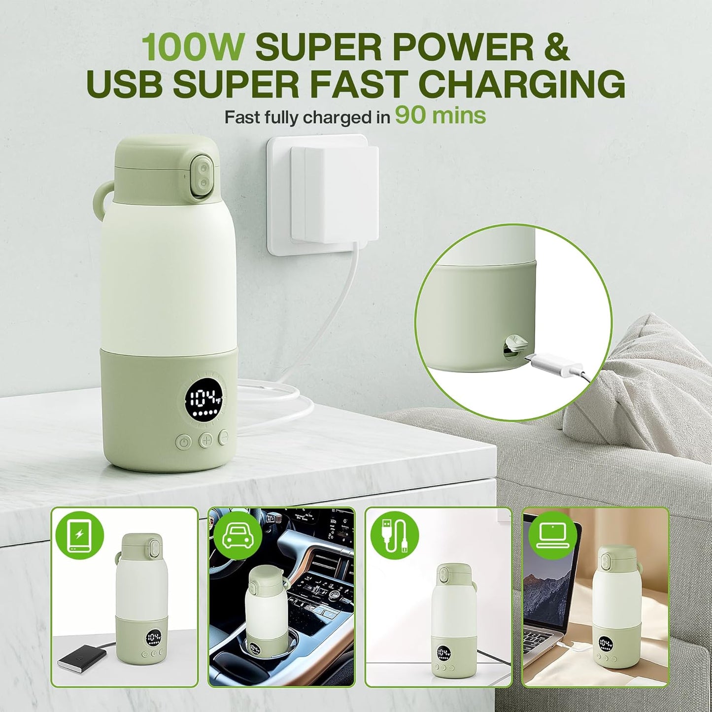 Portable Bottle Warmer for Travel, Fast Heating Baby Bottle Warmer with Keep Warm Function, Portable Milk Warmer for Breast Milk & Formula, 13oz Large Capacity On-the-Go Feeding Solution