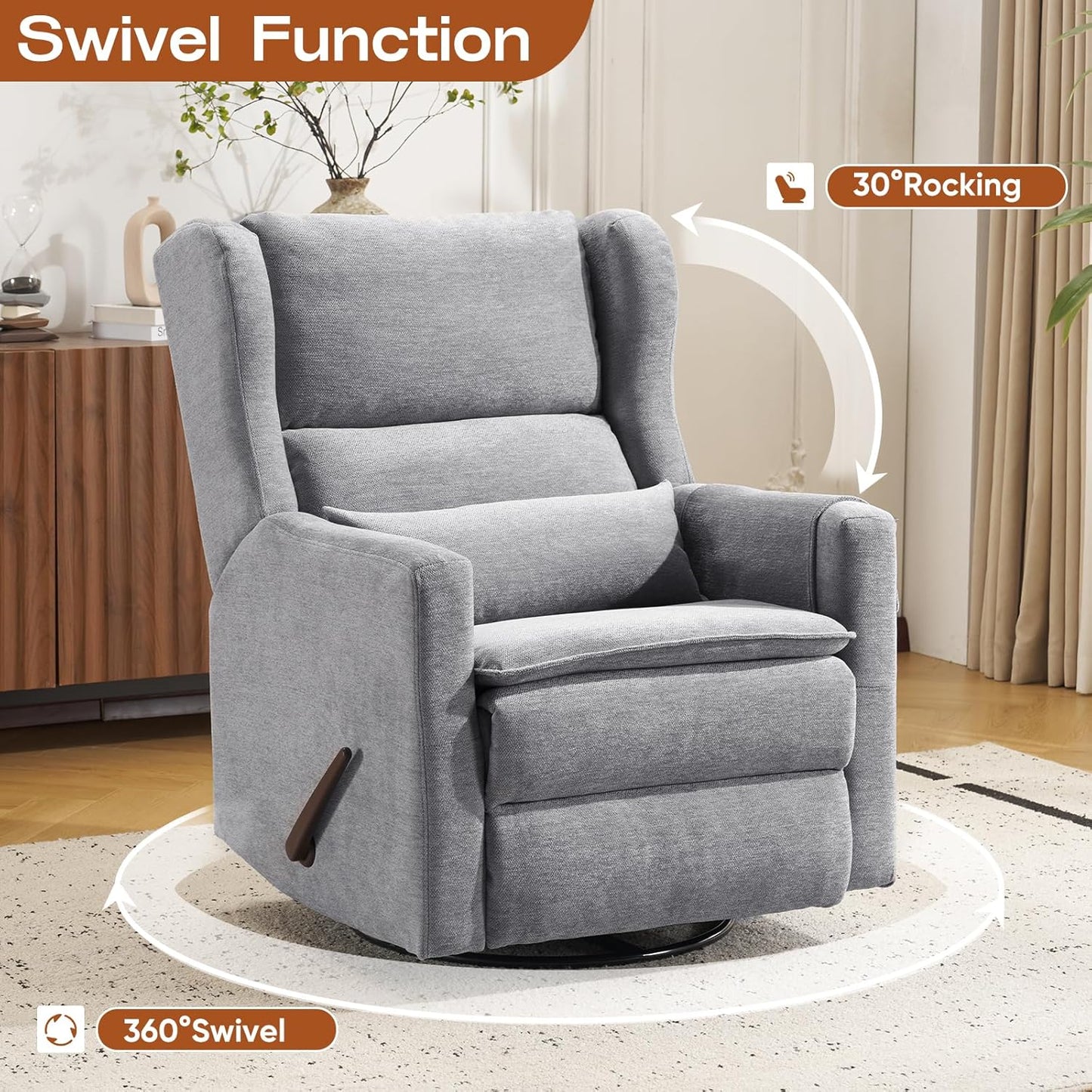 Power Recliner Chair Swivel Glider with Adjustable Headrest，Oversized Swivel Rocker Recliner with Lumbar Support, Upholstered Nursery Glider Recliner for Living Room,White