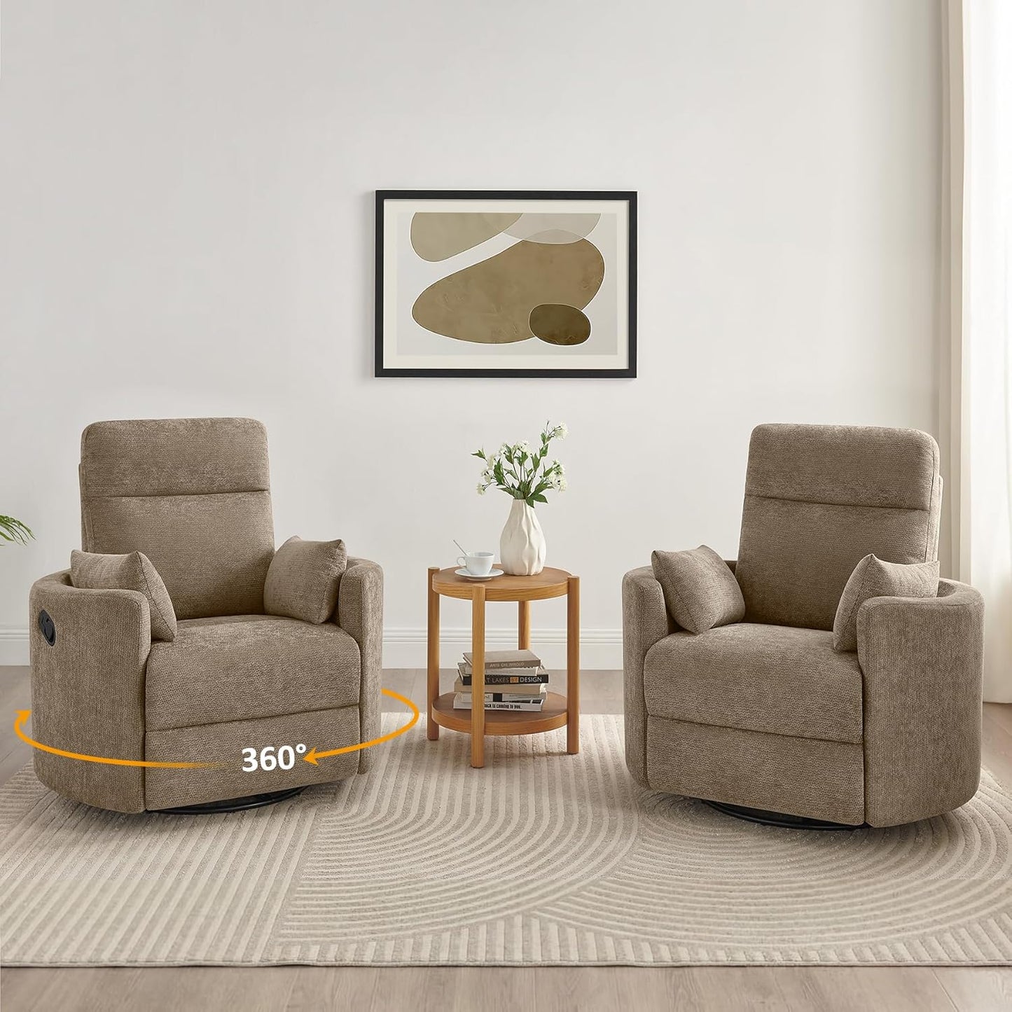 Nursery Rocking Chair, Oversized 360° Swivel Glider Recliner Chair, Upholstered Nursery Rocker with 2 Pillows and Footrest, Cozy Reclining Sofa for Living Room, Bedroom, Nursing, Olive
