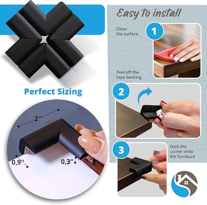 12-Pack Baby Proofing Corner Protectors, Furniture Corner and Edge Safety Bumpers, Soft Rubber Foam Cushion Covers, 3M Taped Corner Guards, Baby Child Proofing Pads, Table Corner Covers, Black