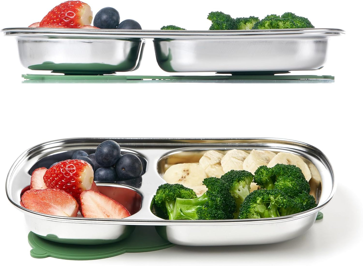 Stainless Steel Divided Toddler Plates with Dual Suction, Premium Korean 304 Steel, Electro-Polished, No Black Residue, Baby & Little Kids Food Tray Feeding Set – 2 Plates + 2 Bases (Sage & Sand)