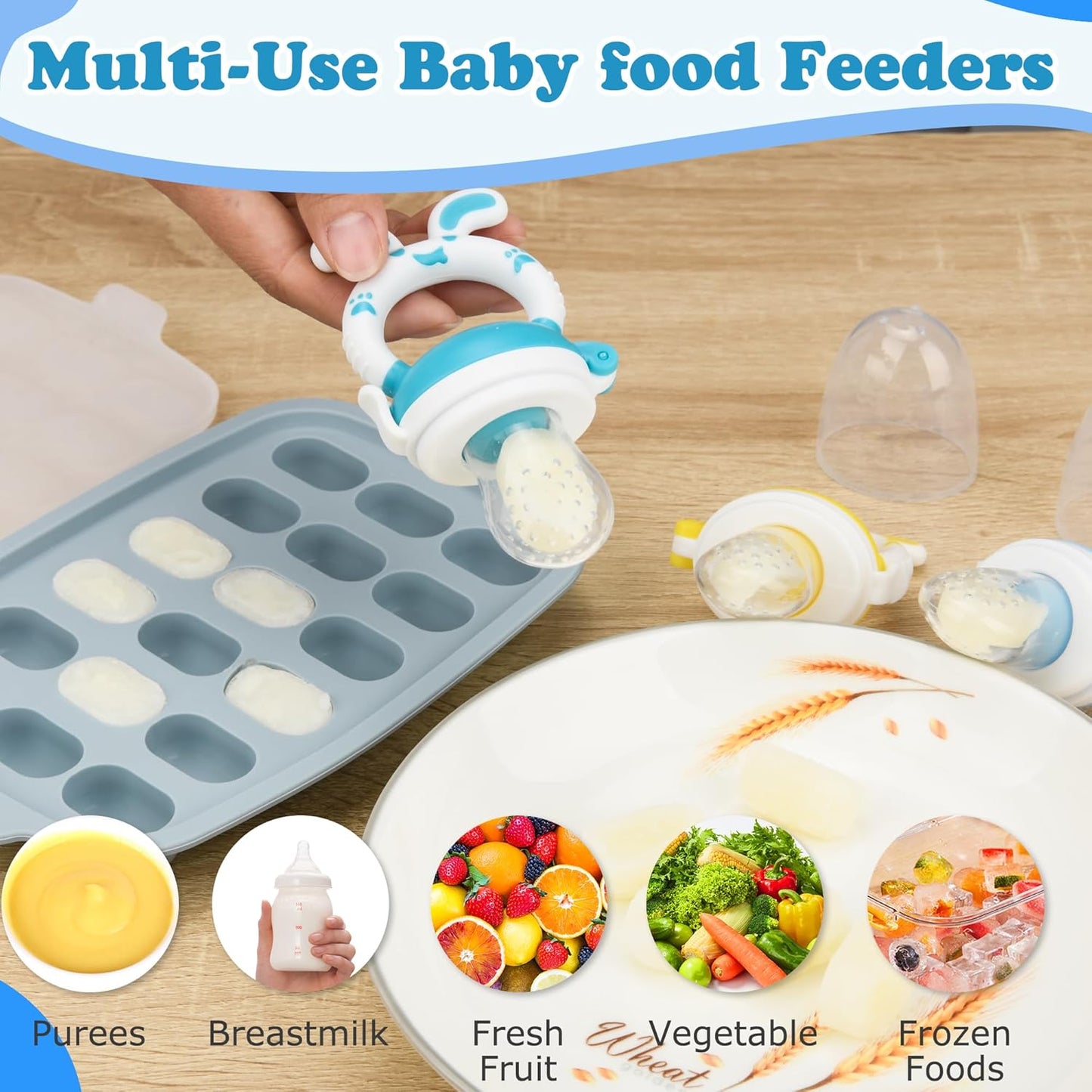 Baby Breastmilk Popsicle Molds & Baby Fruit Feeder (6 Pack), WAJIAYON Infant Food Freezer Tray Storage Containers, Silicone Teething Pacifier Feeder and Teether for Babies,Babies Feeder