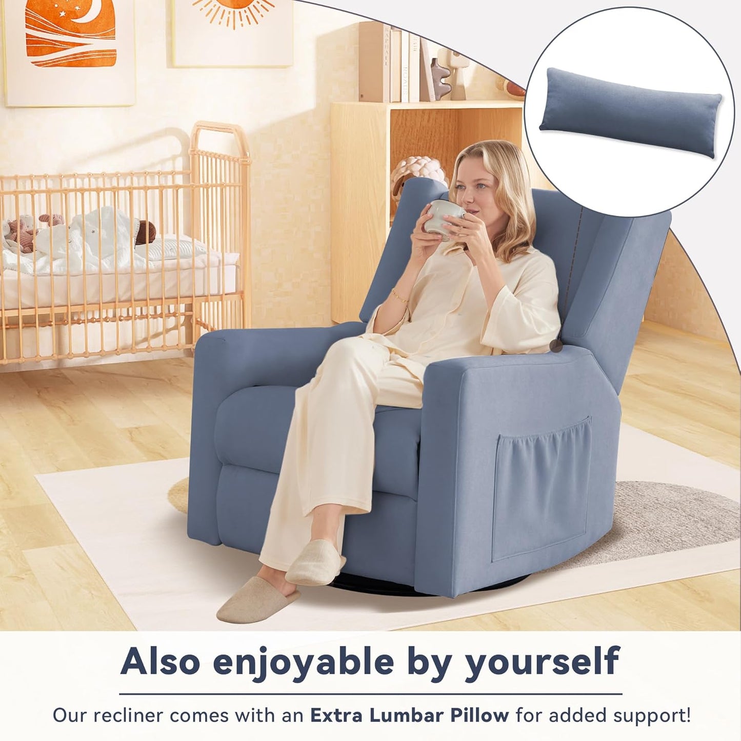 Tbfit Nursery Rocking Chair,360°Swivel Recliner Chair with Lumbar Support for Bedroom, Comfy Upholstered Armchair with Pillows & Footrest for Living Room & Baby Room