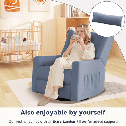 Tbfit Nursery Rocking Chair,360°Swivel Recliner Chair with Lumbar Support for Bedroom, Comfy Upholstered Armchair with Pillows & Footrest for Living Room & Baby Room