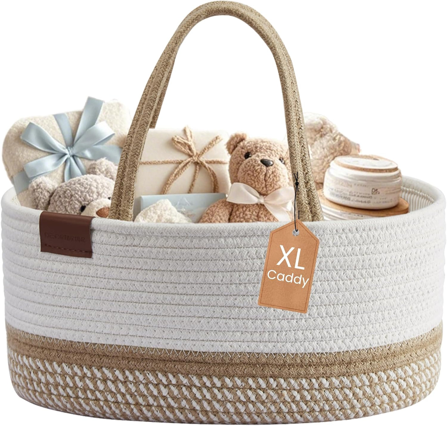 DECOMOMO Baby Caddy Organizer, Mother's Day Diaper Caddy Basket, Baby Baskets for Baby Shower (Spiral Beige & White, Large)