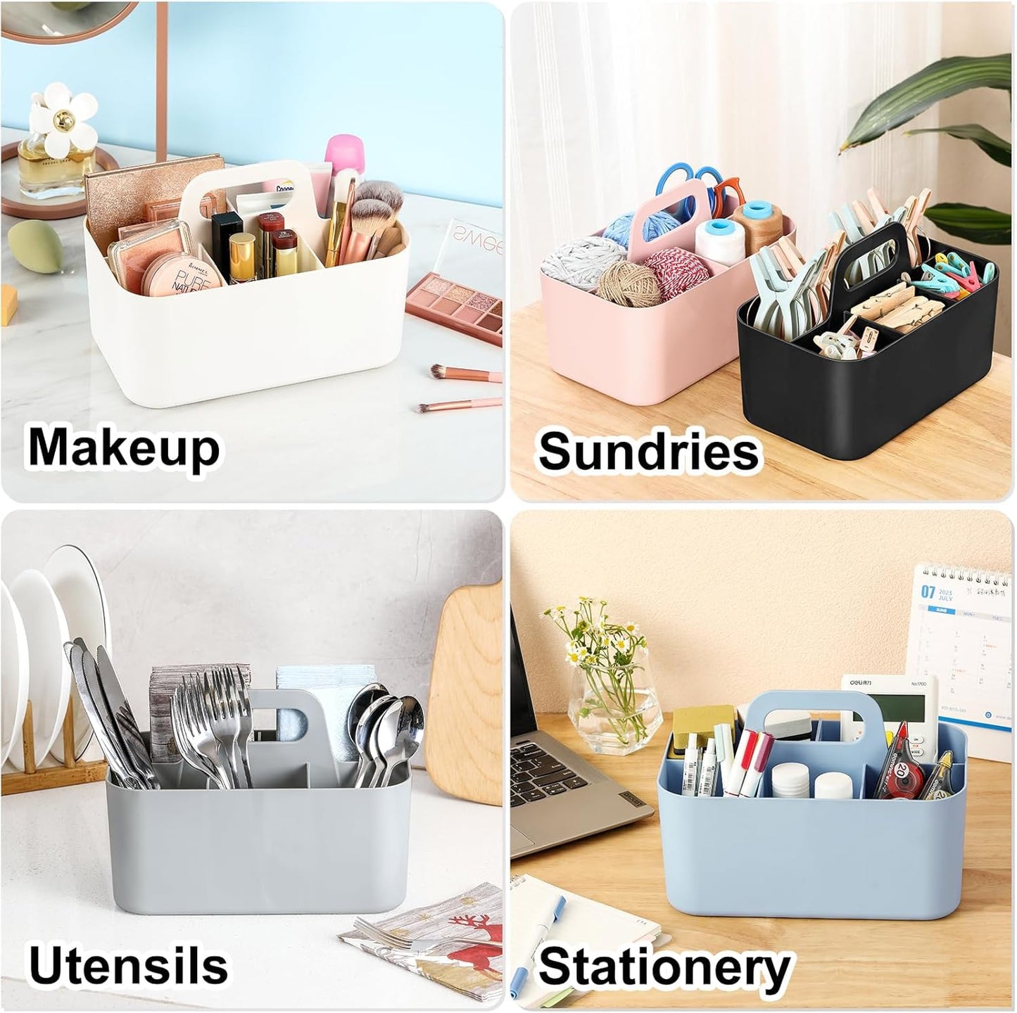 Multiuse Caddy Organizer with Handle, Portable Divided Plastic Tote Bin - Art Craft, Stationary Pen Marker Crayons, Makeup Hair Supplies Storage - Bathroom, Classroom, Dorm, Office, Desk Holder - Pink