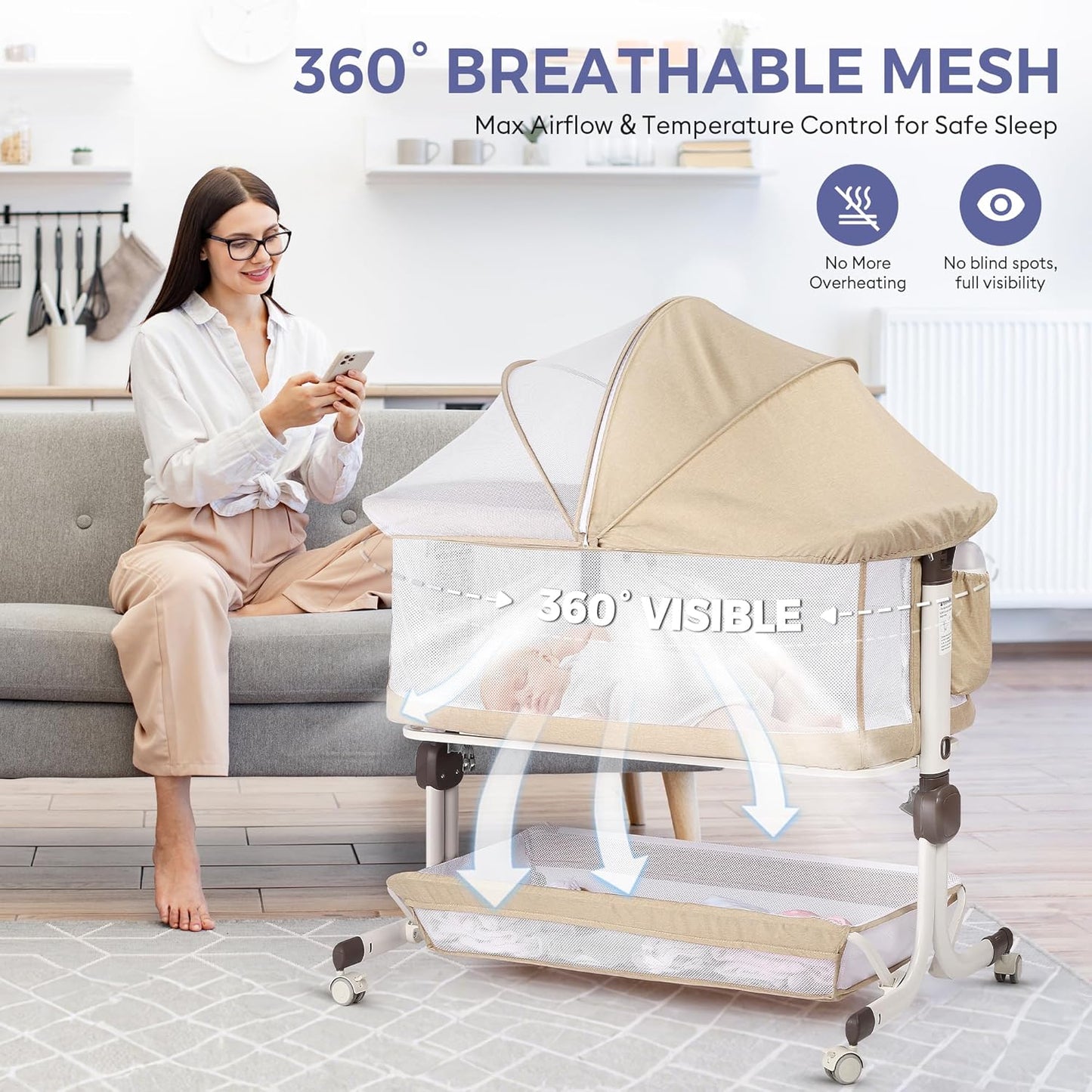 MOMFANN Baby Bassinet Bedside Sleeper, Upgraded Stability Bedside Crib with Full Mesh Sides, Soft Sheet, 6-Height Adjustment, Storage Basket, Easy Folding Portable Bassinet for Newborns, Gray