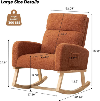 Rocking Chair Nursery, Upholstered Nursing Rocker Chair for Mom with High Backrest and Side Pockets for Bedroom Living Room, Beige