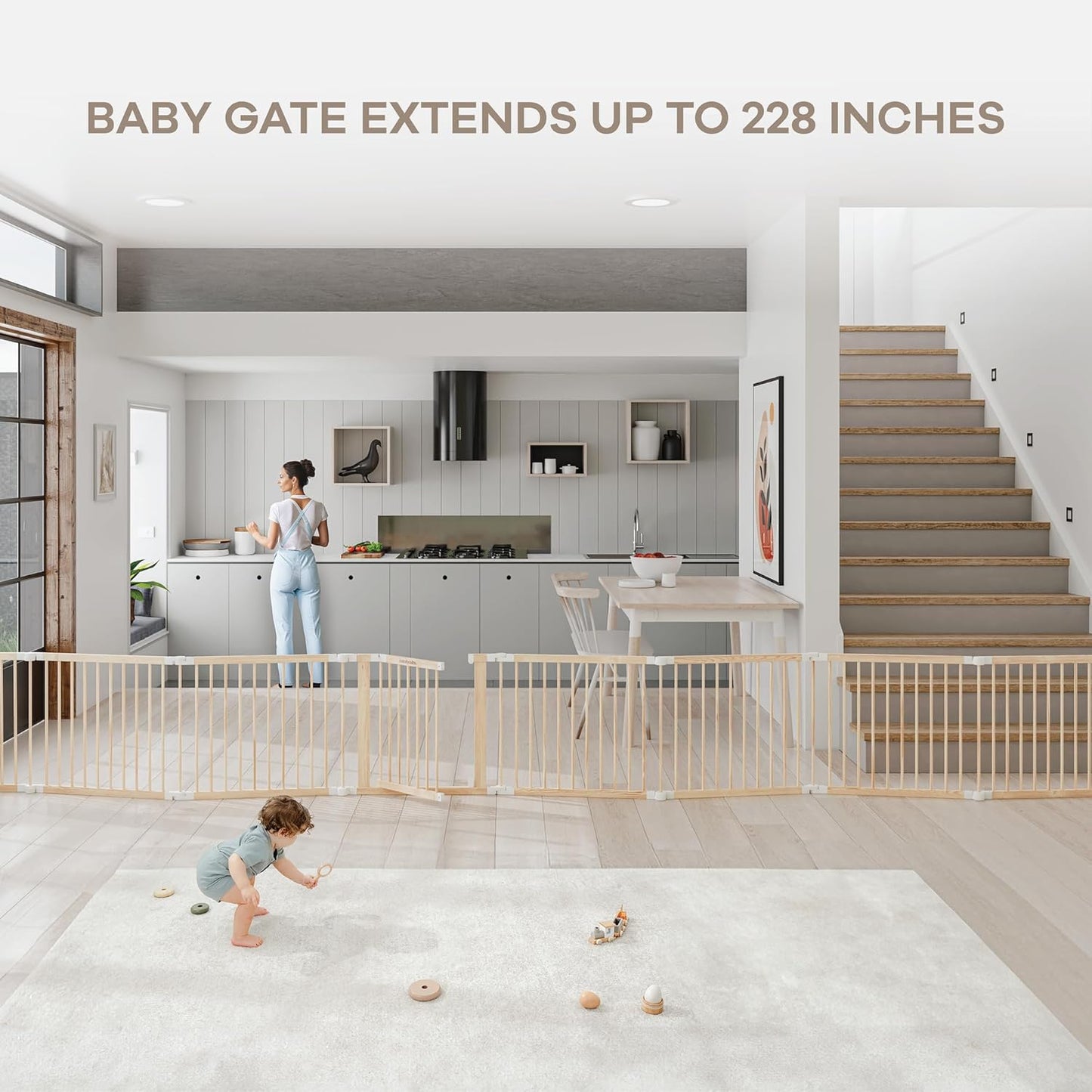 Comfy Cubs Baby Gate Playpen - 57 x 57 x 25 in, Extends Up to 228” - Pine Wood Foldable Playpen with Child-Proof Lock - Easy Assembly Baby Fence Play Area for Babies & Toddlers - Light Wood White