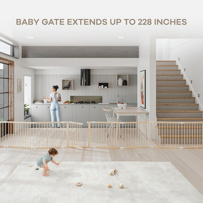 Comfy Cubs Baby Gate Playpen - 57 x 57 x 25 in, Extends Up to 228” - Pine Wood Foldable Playpen with Child-Proof Lock - Easy Assembly Baby Fence Play Area for Babies & Toddlers - Light Wood White