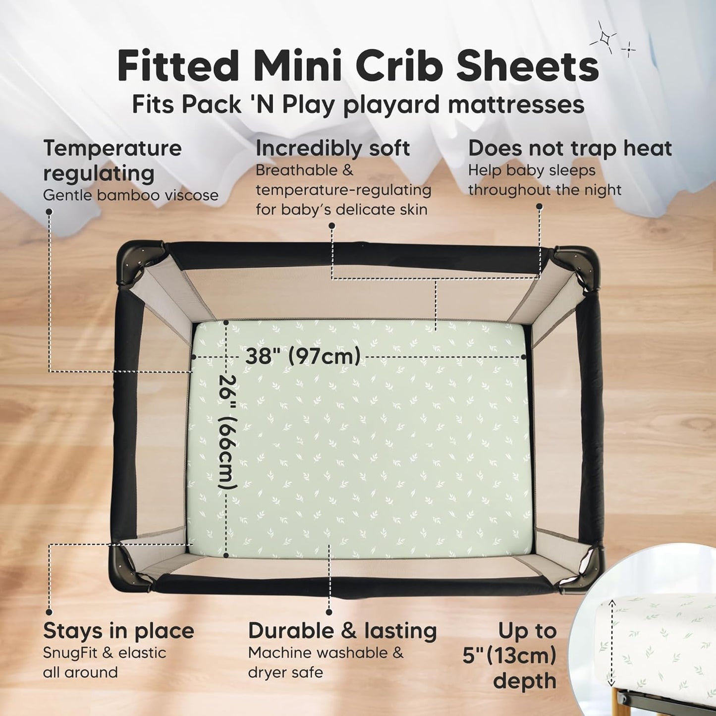 2-Pack Waterproof Pack and Play Sheets, Mini Crib Sheets Fitted for Boy, Girl - 38 x 26 Viscose from Bamboo Pack N Play Mattress Sheets for Graco, Toddler Playard Baby Crib Sheets Neutral (Blue Flax) - Colors B