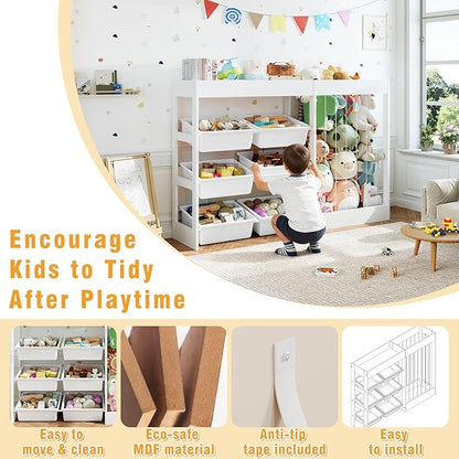 50.6" W Toy Storage, 3-in-1 Large Kids Toy Organizers and Storage with Stuffed Animal Zoo, 6 Removable Plastic Bins, Wooden Toddler Cabinet for Girls Boys Playroom, Nursery, Home Decor(White)