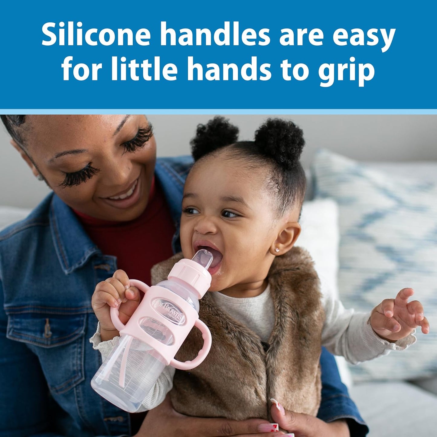 Dr. Brown's Milestones Narrow Sippy Spout Bottle with 100% Silicone, Easy-Grip Handles and Soft Sippy Spout, 8oz/250mL, Light Pink and Ecru, 2-Pack, 6m+
