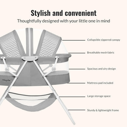 Dream On Me Karley Bassinet, Award Winner Lightweight Travel Baby Bassinet, Foldable Bedside Sleeper, Adjustable Double Canopy, Spacious Design, Soft Fabric, Storage Basket – Blue and Grey
