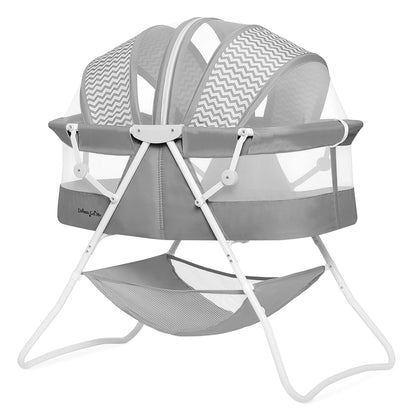 Dream On Me Karley Bassinet, Award Winner Lightweight Travel Baby Bassinet, Foldable Bedside Sleeper, Adjustable Double Canopy, Spacious Design, Soft Fabric, Storage Basket – Blue and Grey