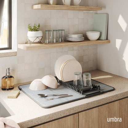 Umbra Udry Dish Rack and Microfiber Drying Mat – Space-Saving Design Folds Up for Easy Storage, Mini Rack, Gray