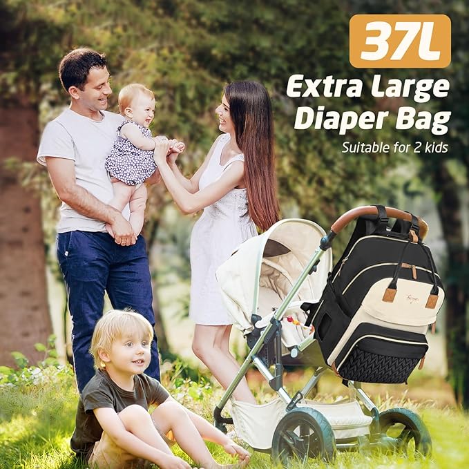 Diaper Bag Backpack - Extra Large Diaper Backpack for 2 Kids Twin, Travel Baby Bags for Mom Dad 25-37L Expandable with Changing Pad, Quilted Beige Black