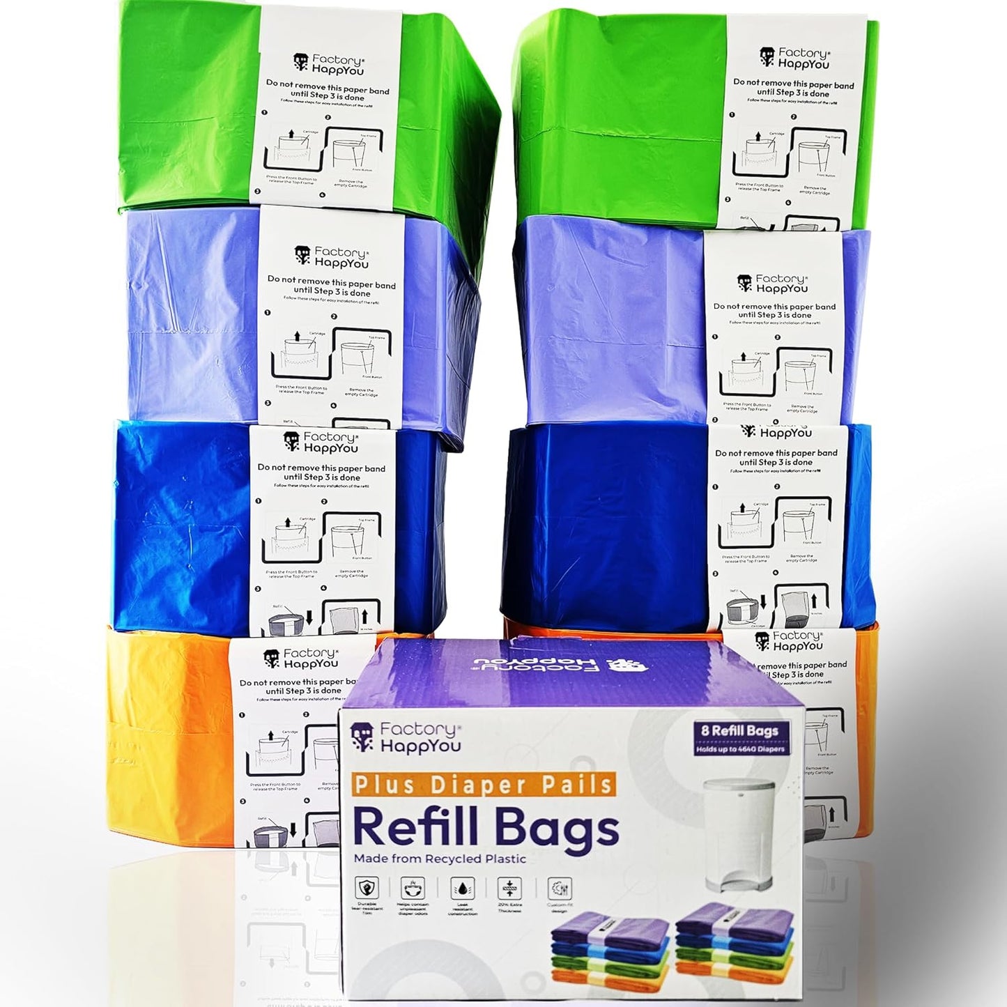 Factory Happyou® Pack of 8 Refills Compatible with Dekor PLUS Diaper Pails (NOT COMPATIBLE WITH DEKOR CLASSIC). A Refill is 394 in Long, 30% Thicker. Odor Control. Each Refill Holds up to 600 Diapers