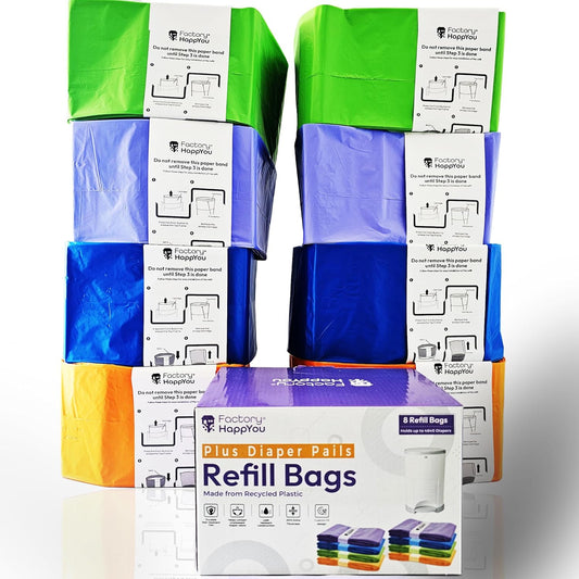 Factory Happyou® Pack of 8 Refills Compatible with Dekor PLUS Diaper Pails (NOT COMPATIBLE WITH DEKOR CLASSIC). A Refill is 394 in Long, 30% Thicker. Odor Control. Each Refill Holds up to 600 Diapers