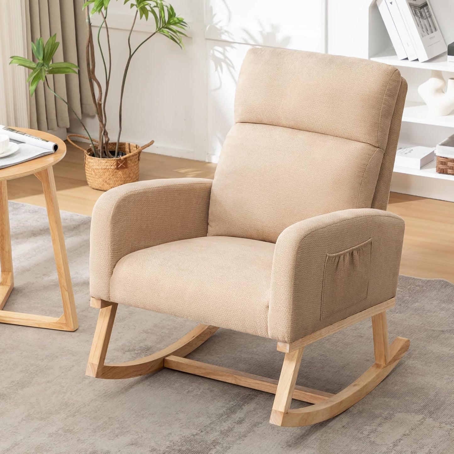HCHAIRH Rocking Chair Nursery, Upholstered Fabricr Nursing Rocking Chairs with Soft High Back, Modern Nursery Glider Rocker for Mom Living Room, Bedroom, Camel