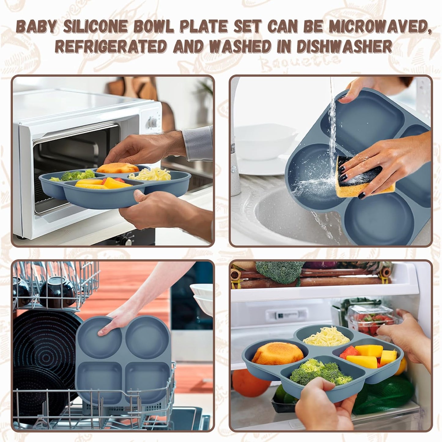 Silicone Baby Feeding Set, Baby Led Weaning Supplies, Baby Food Tableware Silicone Suction Plate, Bowl, Spoons, Fork, Waterproof Bib, Cup & Complementary Food Cake Mold, Baby Eating Utensils