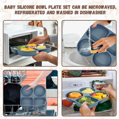 Silicone Baby Feeding Set, Baby Led Weaning Supplies, Baby Food Tableware Silicone Suction Plate, Bowl, Spoons, Fork, Waterproof Bib, Cup & Complementary Food Cake Mold, Baby Eating Utensils