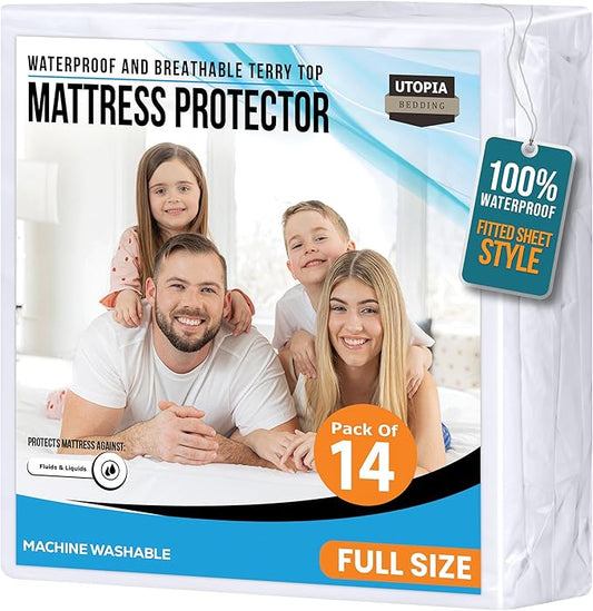 Full Size Mattress Protector Waterproof 14 Pack, Premium 200 GSM Terry Mattress Cover, Soft & Breathable Bed Cover, Fitted Sheet Style Stretchable Deep Pockets 15" by Utopia Bedding (White)