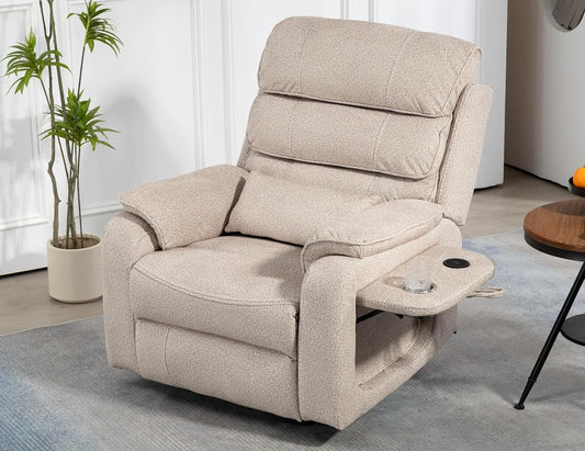Power Rocker Recliner Chair, 26inch Extra Wide Seat, 270° Swivel Glider Recliner, USB & Type C Charging Port, Corduroy Swivel Rocker Recliner with Heat and Massage for Nursery, Beige