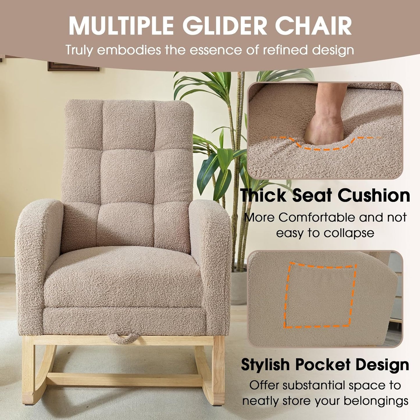NIOIIKIT Modern Nursery Rocking Chair, Teddy Upholstered Rocking Chair with Footrest, Comfortable Rocker Recliner with Side Pocket, Rocker Glider for Living Room, Bedroom, Nursing Room (Apricot)