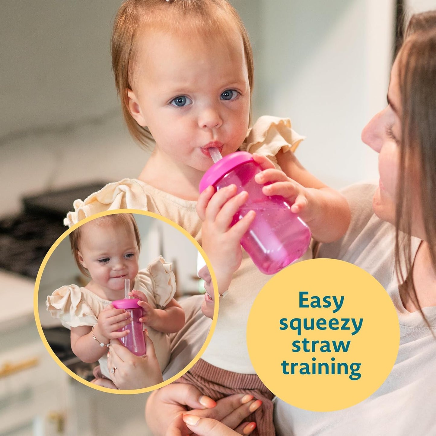 The First Years Squeeze & Sip Toddler Straw Cups - Squeezable Transition Sippy Cup with Silicone Straw - Toddler Feeding Supplies - 7 Oz - 3 Count - Ages 6 Months and Up