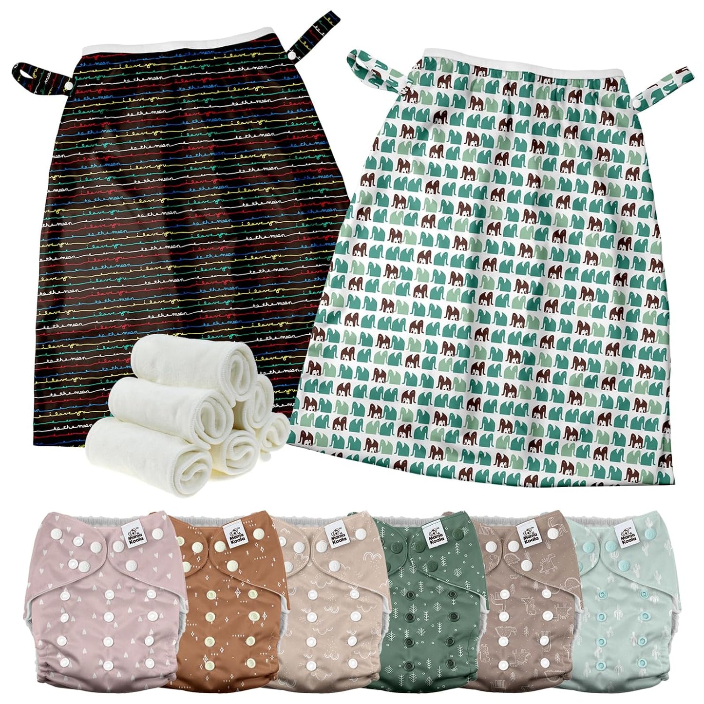 Mama Koala 3.0 Baby Cloth Diapers with 6 Inserts Bundle(Simply Neutrals), with 2 Pack Reusable Pail Liner