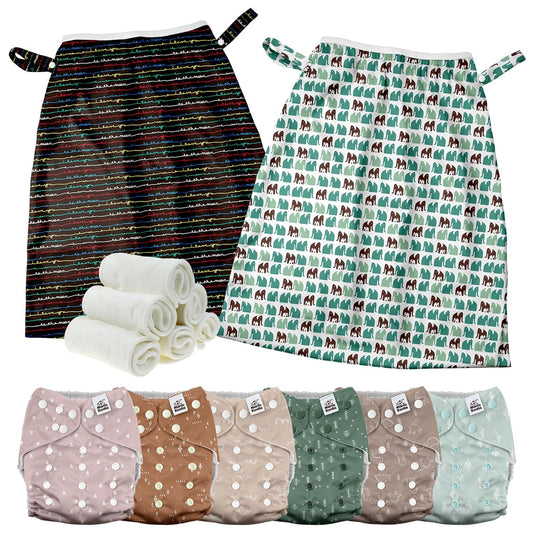 Mama Koala 3.0 Baby Cloth Diapers with 6 Inserts Bundle(Simply Neutrals), with 2 Pack Reusable Pail Liner