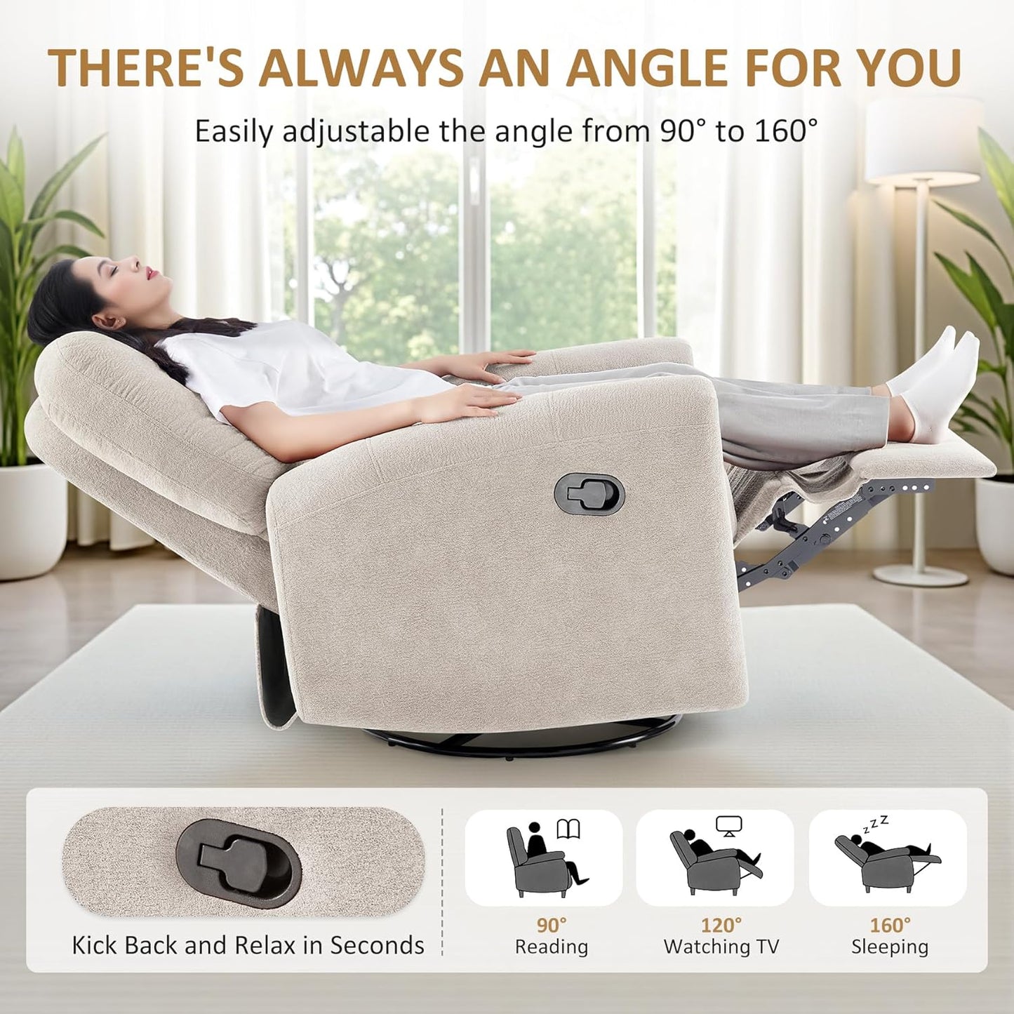 VANOMi 360 Swivel Rocker Recliner Chair, Nursery Rocking Chair with Tufted Backrest, Manual Recliner Chairs for Small Spaces, Upholstered Glider Nursing Chair for Living Room, Bedroom (White)