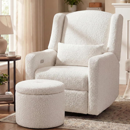 Power Glider Recliner Nursery Chair w/USB Ports, Soft Chenille Glider Rocking Chair with Ottoman, Swivel Glider Chair with Lumbar Pillow for for Nursery, Blue
