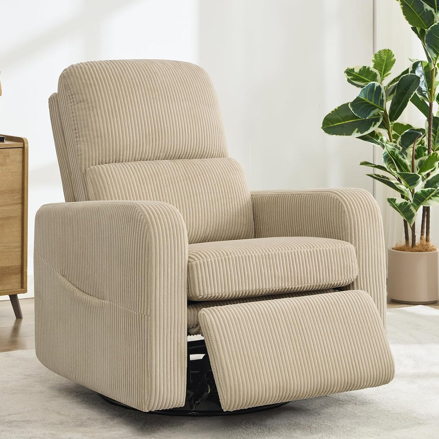 Swivel Rocker Recliner, Oversized Boucle Glider Recliner Nursery, Manual Swivel Rocking Reclining Chairs with Removable Cushion and Lumbar Support for Nursery Living Room Bedroom, Teddy White