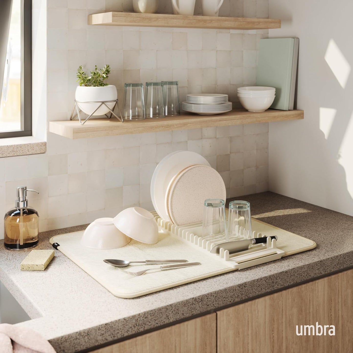 Umbra Udry Dish Rack and Microfiber Drying Mat – Space-Saving Design Folds Up for Easy Storage, Mini Rack, Gray
