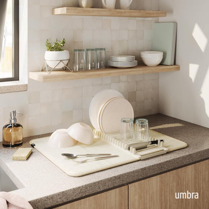 Umbra Udry Dish Rack and Microfiber Drying Mat – Space-Saving Design Folds Up for Easy Storage, Mini Rack, Gray