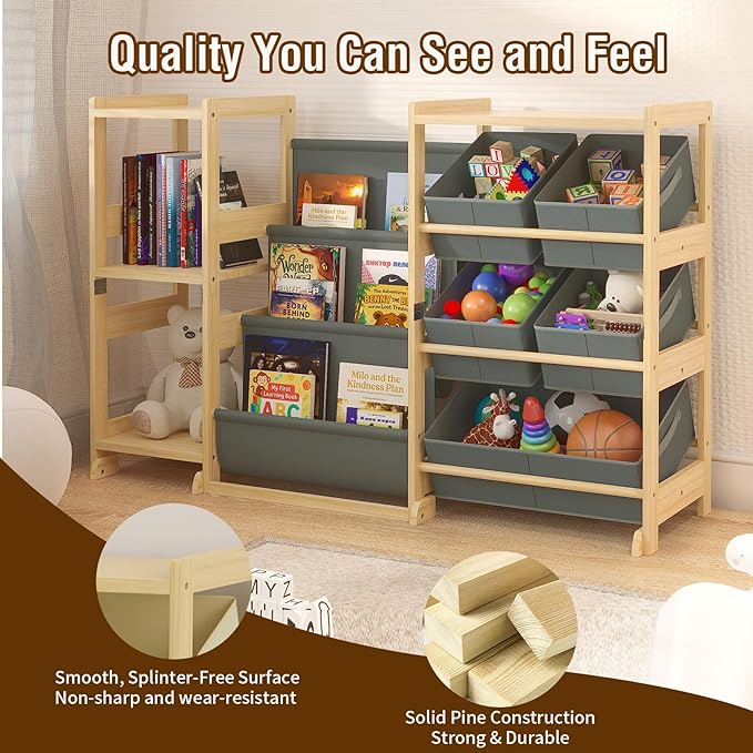 Kids Bookshelf and Toy Storage Organizer with 3-Tier Book Display and Shelves, Kids Toy Organizers and Storage with Bins, Book Shelf for Kids Rooms, Playroom Decor for Toddler Bedroom Nursery