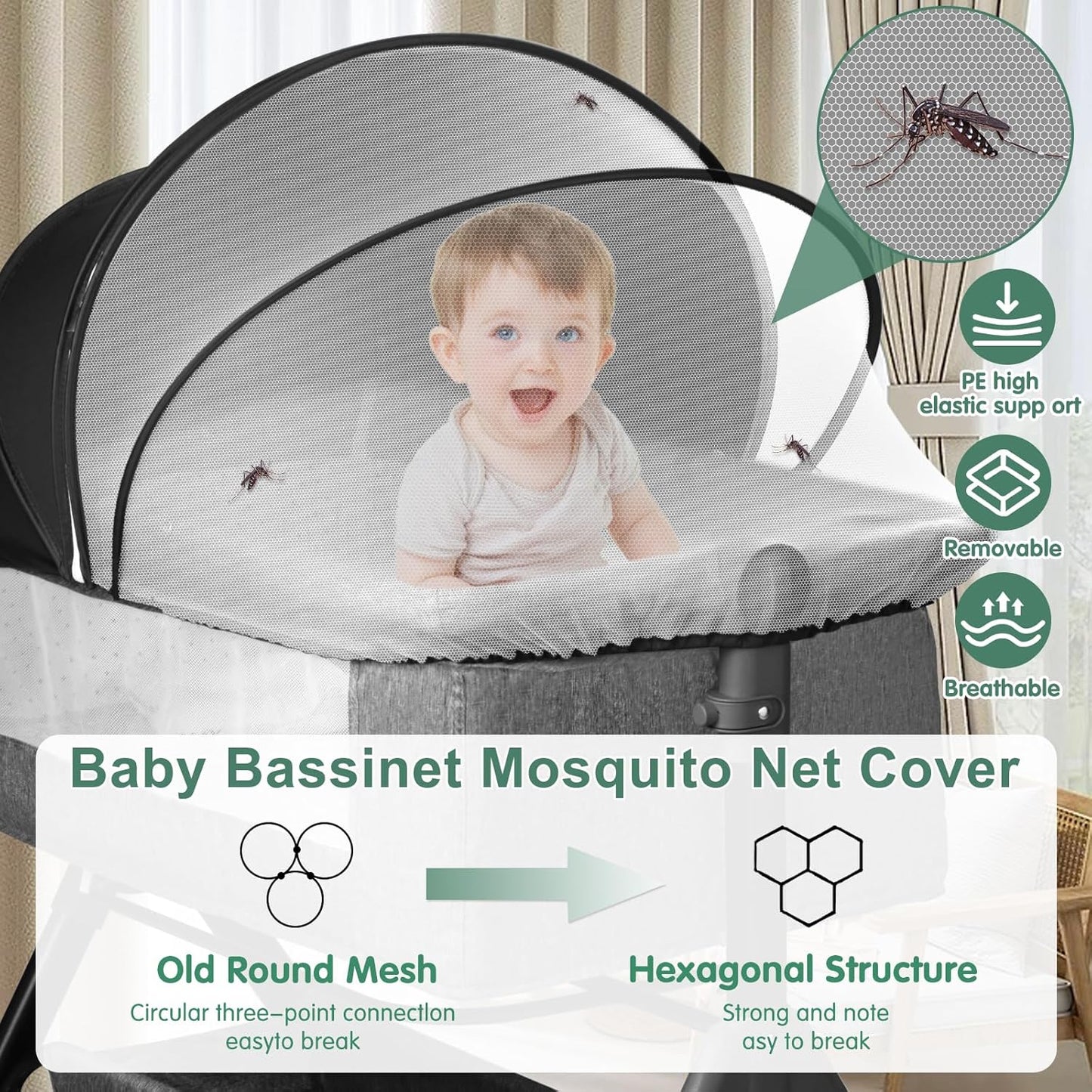 Bassinet Cover for Cats - Blackout Breathable Mosquito Net for Baby Bedside Sleepers & Travel Cribs, 2-Way Zipper Bug Canopy Tent to Block Light & Keep Cats Out (Black-Small)