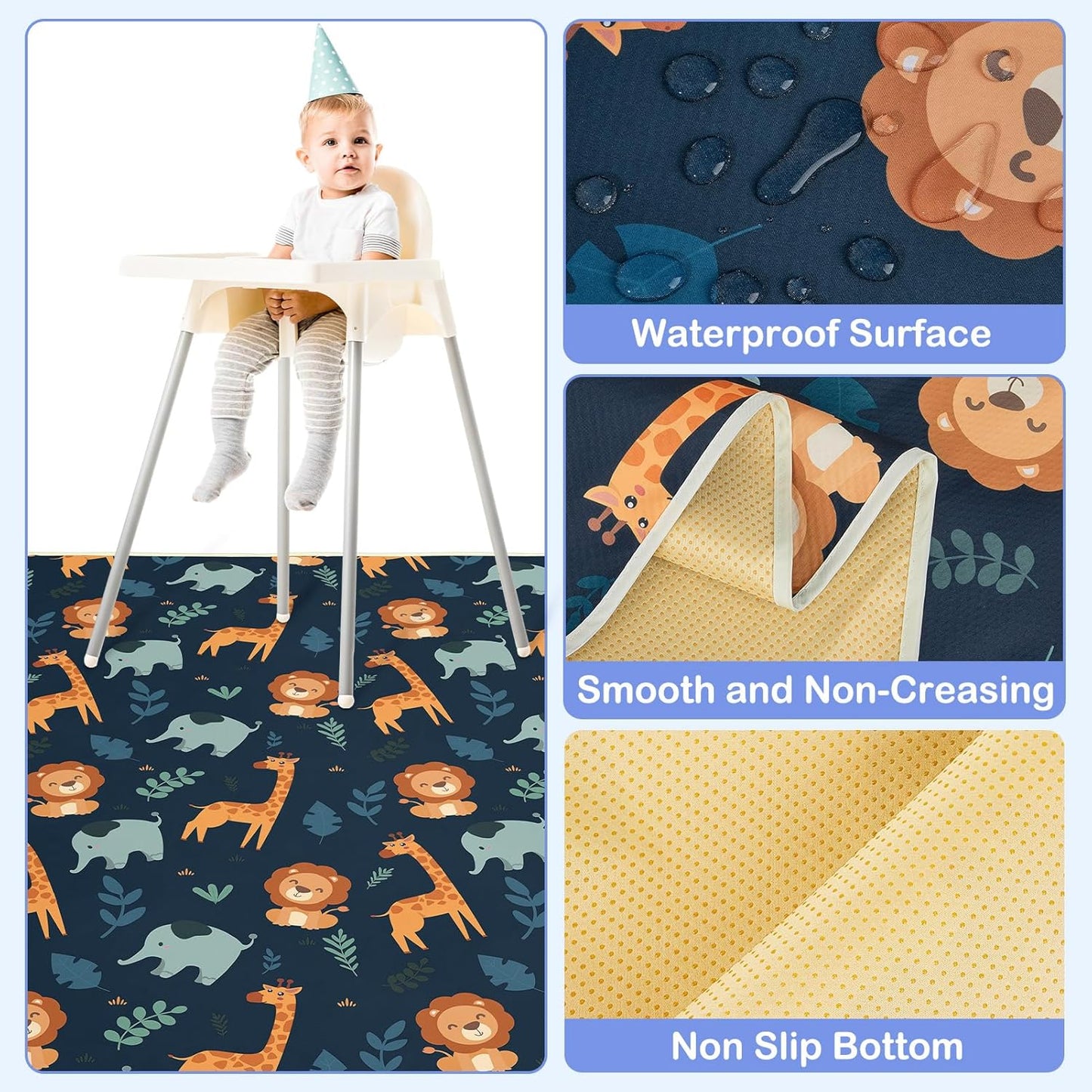 Basumee Splat Mat High Chair Mat Waterproof Baby Play Splat Mat for Under High Chair Food Catcher Highchair Mat for Floor Non Slip Bottom, Pink Rainbow, 46x42 Inches