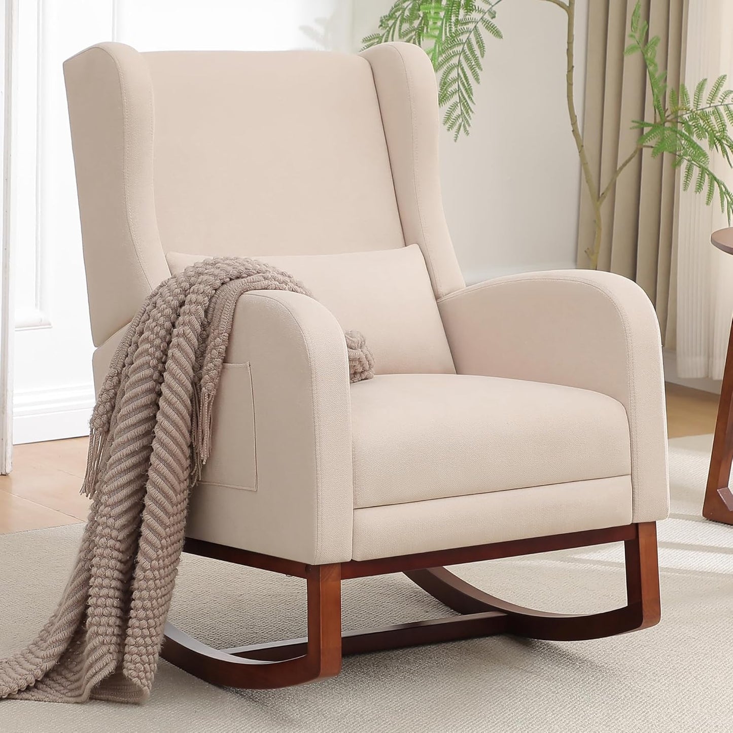 HCHAIRH Rocking Chair Nursery, Nursery Rocking Chairs with Foot Rest, Comfy Fabric Glider Rocker Nursing Chair with High Back for Nursing, Living Room, Bedroom, Beige