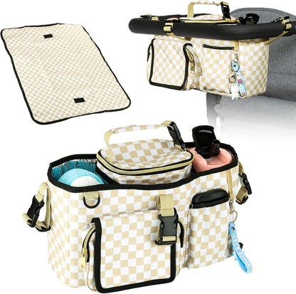 Universal Parent Console Stroller Organizer with Removable Cooler Bag & Changing Mat, Extra Large Wagon Caddy Accessories Fit for Wonderfold W4, Keenz, Jeep, Graco, Double Strollers (Checkerboard)