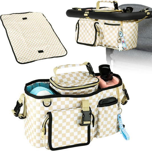 Universal Parent Console Stroller Organizer with Removable Cooler Bag & Changing Mat, Extra Large Wagon Caddy Accessories Fit for Wonderfold W4, Keenz, Jeep, Graco, Double Strollers (Checkerboard)