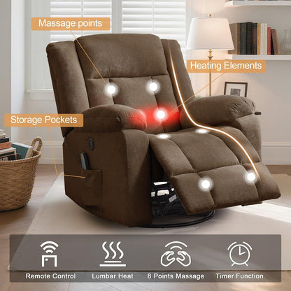 Korser Rocker Recliner, Glider Recliner Chairs for Adults, 360° Swivel Rocking Chair with Massage and Heating, Nursery Chair with Storage and USB Charging for Living Room, Bedroom, Nursery
