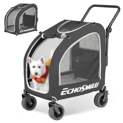 EchoSmile 4 Wheels Pet Stroller, Dog & Cat Stroller for All-Season, Lightweight Carrier with Storage Basket, Adjustable Handle, Removable Pad, Breathable Mesh, Up to 135 lbs, Grey