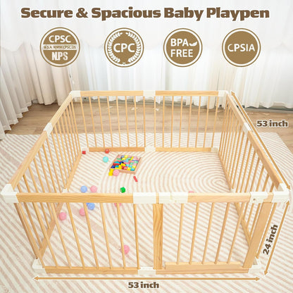 Extra Large Wooden Baby Playpen,Play Pen for Babies and Toddlers Kids Indoor,Security Playard Area Indoor,Easy to Assemble (73x73x24 Inch)